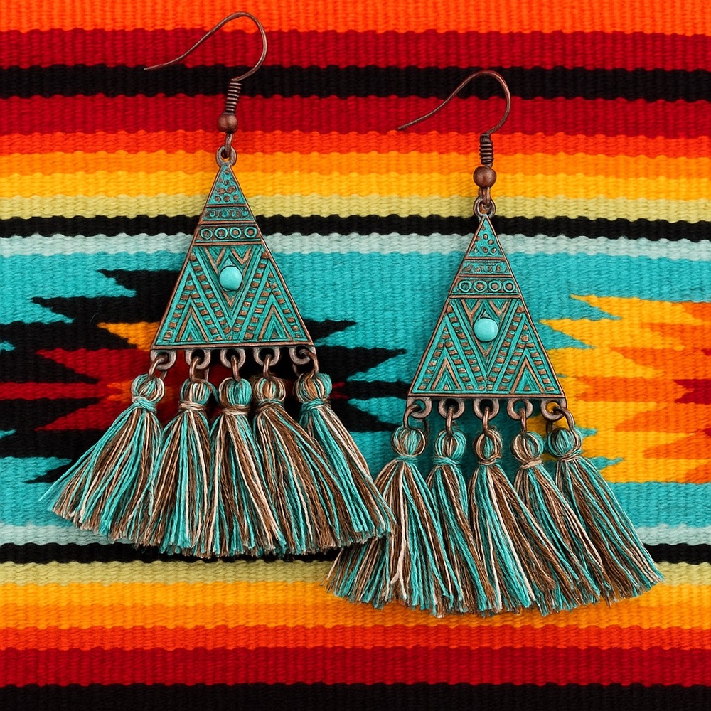 Teal drop fringe tribal Aztec earrings
